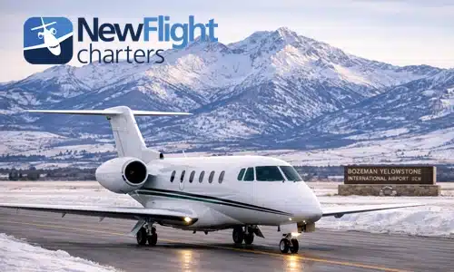 Private jet at Bozeman Yellowstone International Airport during winter private jet travel planning
